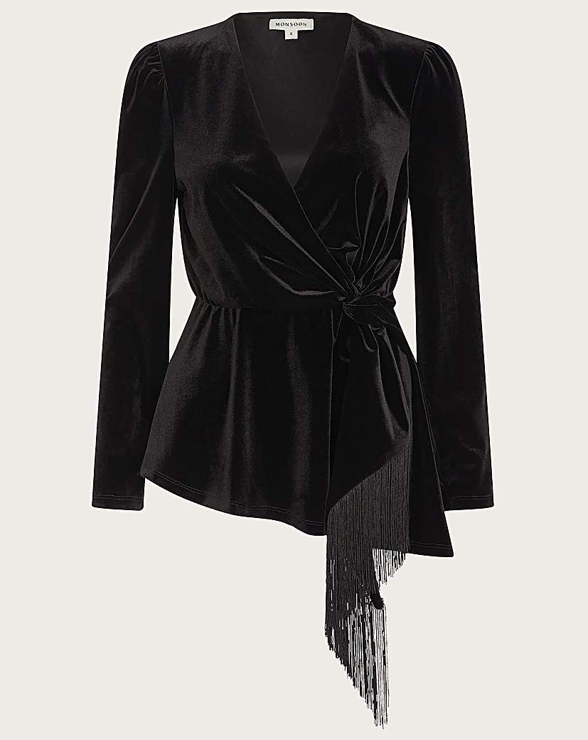 1930s Style Blouses, Shirts, Tops | Vintage Blouses Monsoon Flossie Velvet Fringe Wrap Top £65.00 AT vintagedancer.com