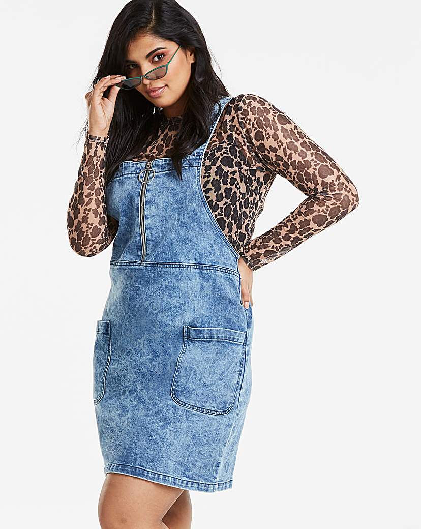 Image of Acid Wash Zip Front Denim Pinafore Dress