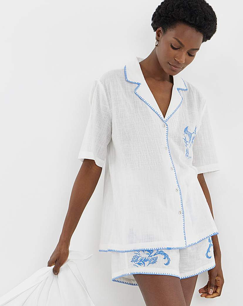 Figleaves Embroidered Shortie Set WhiteBlue Figleaves Size …