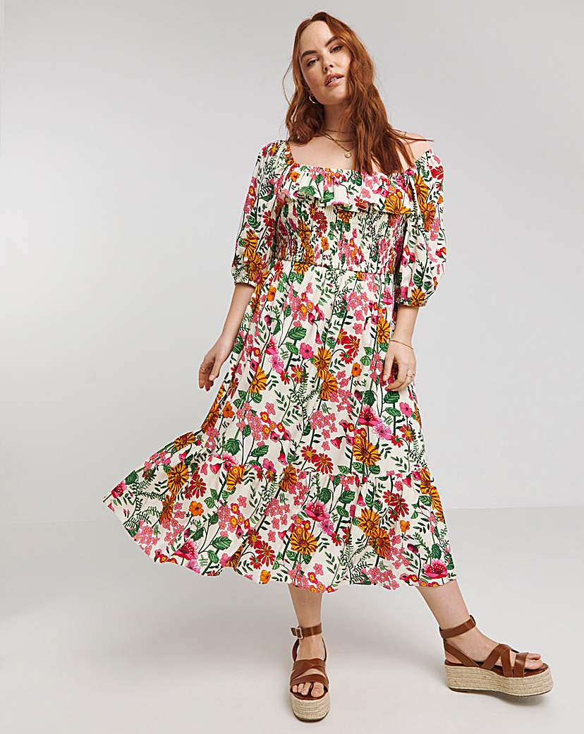 Lovedrobe Floral Shirred Puff Midi Dress