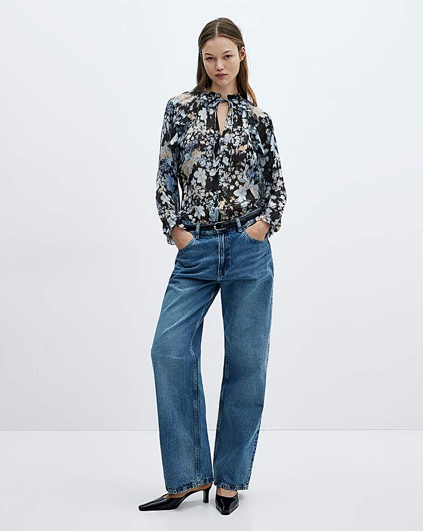 Mango Floral Tie Neck Flowy Blouse