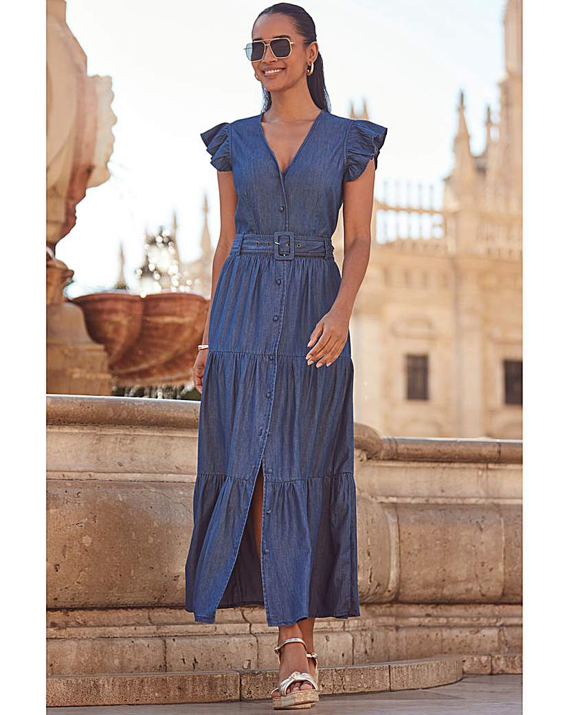 Sosandar Tiered Belted Denim Dress