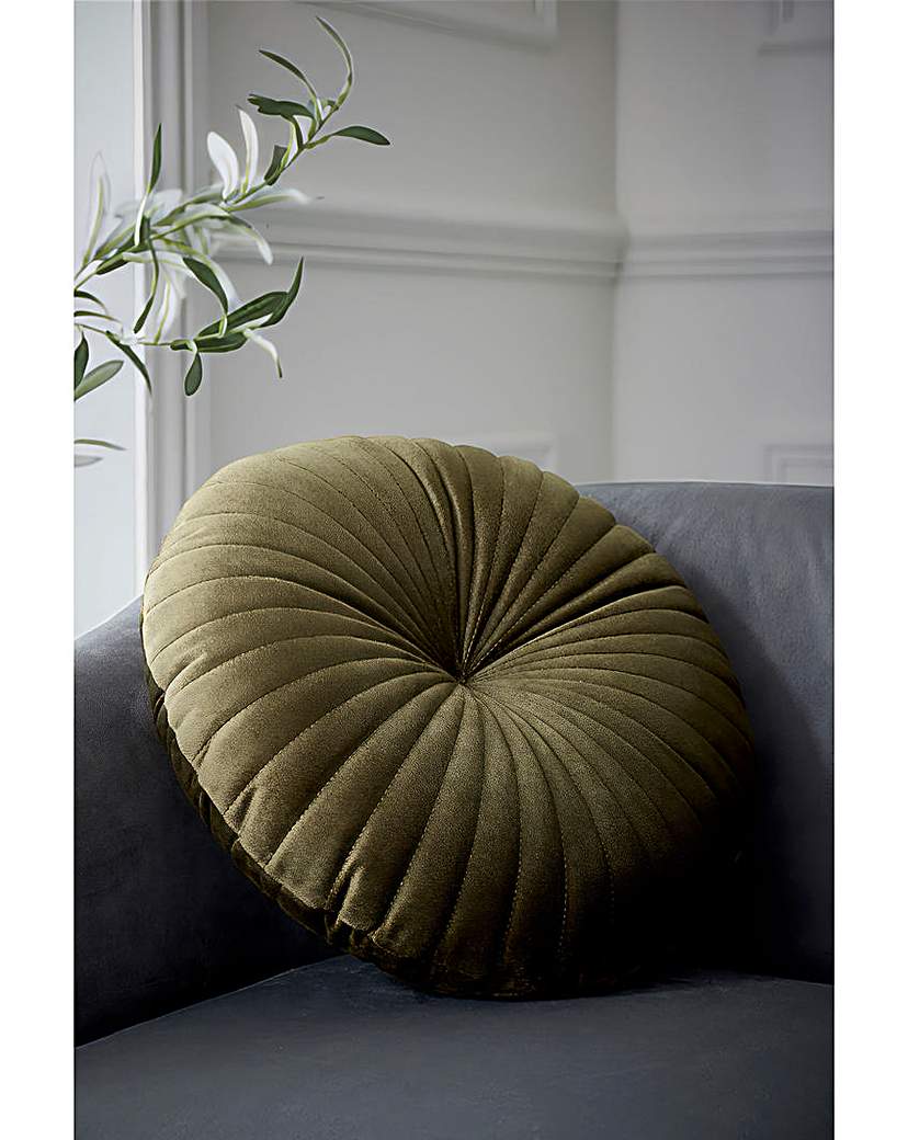 Catherine Lansfield Round Velvet Cushion - Olive