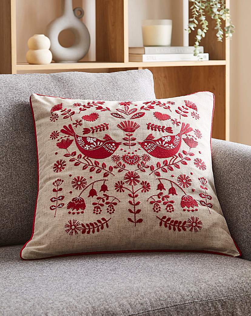 Folk Birds Embroidered Cushion