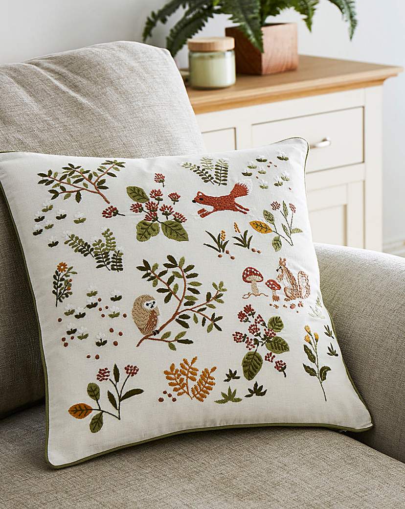 Forest Friends Embroidered Cushion - Cream