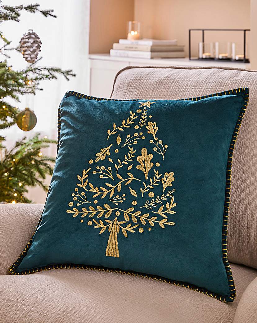 Festive Tree Embroidered Velvet Cushion