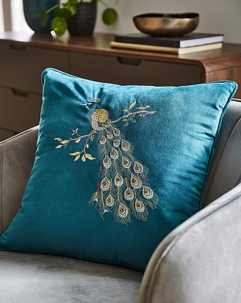 Velvet Embellished Peacock Cushion