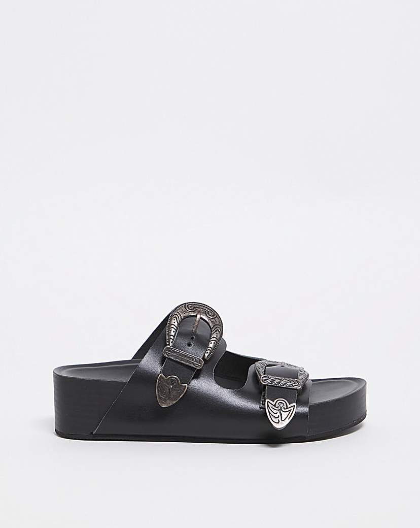 Western Buckle Cushion Sandal Ex Wide - Black