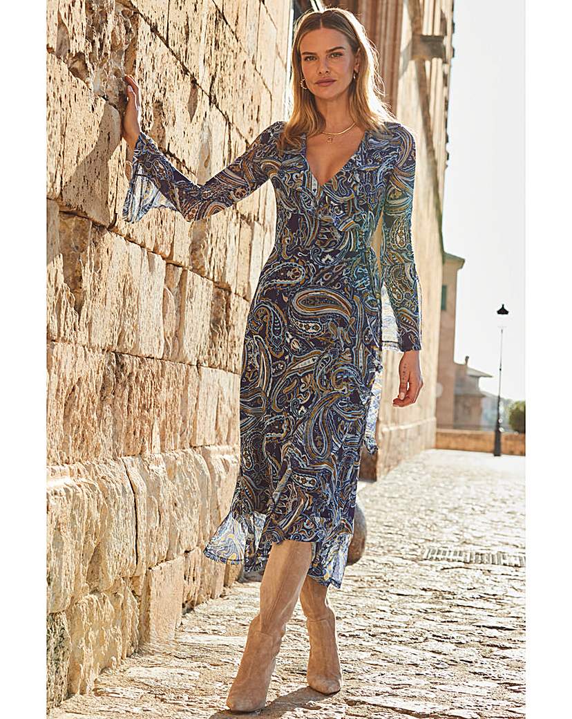 Sosandar Mesh Printed Wrap Dress