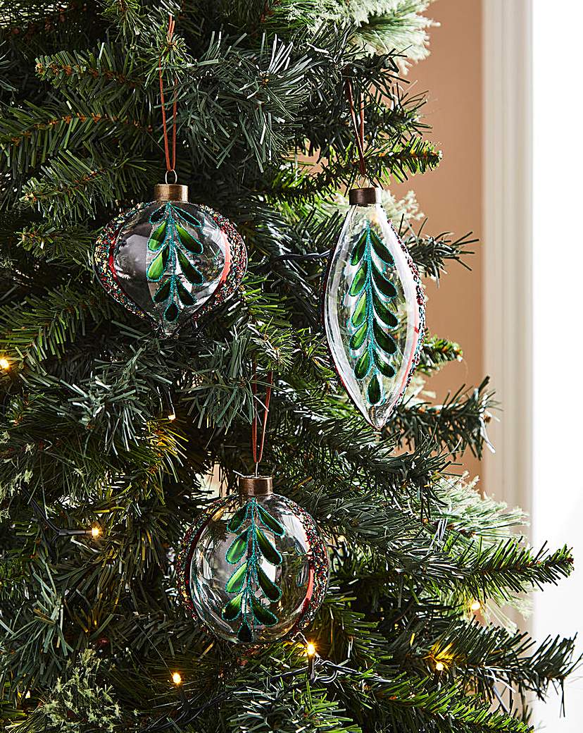 Green Leaf Glass Baubles- Set of 6