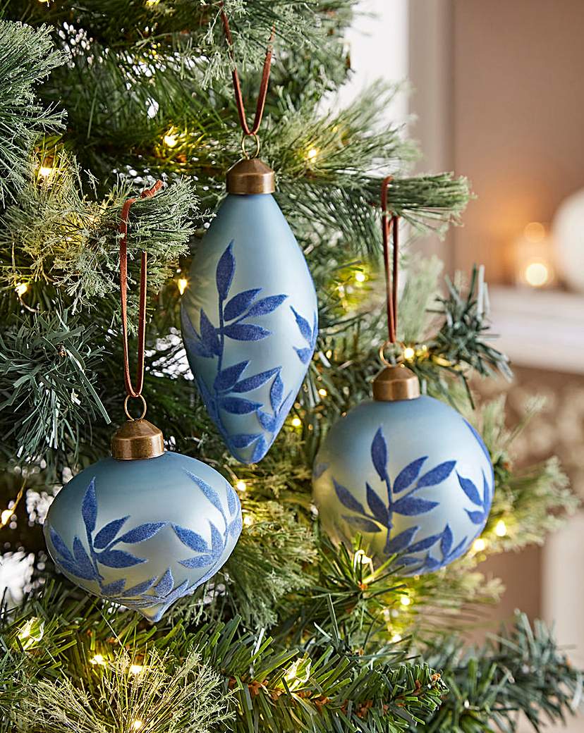 Flocked Leaf Glass Baubles- Set of 6