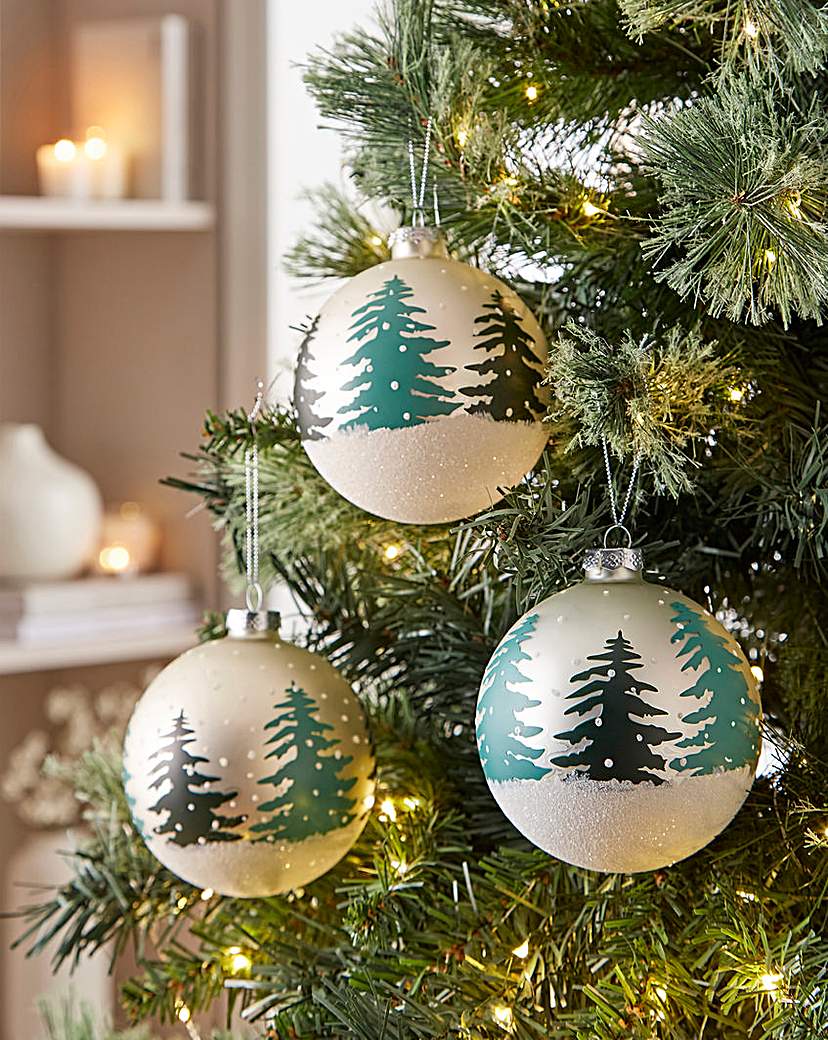 6 White Glass Green Tree Baubles