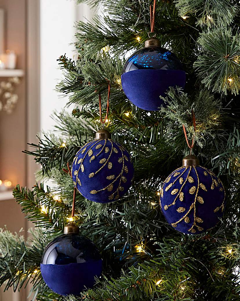 Flocked Navy and Gold Baubles- Set of 6