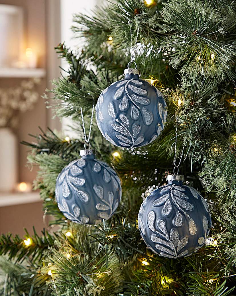 6 Glass Glitter Embossed Leaf Baubles