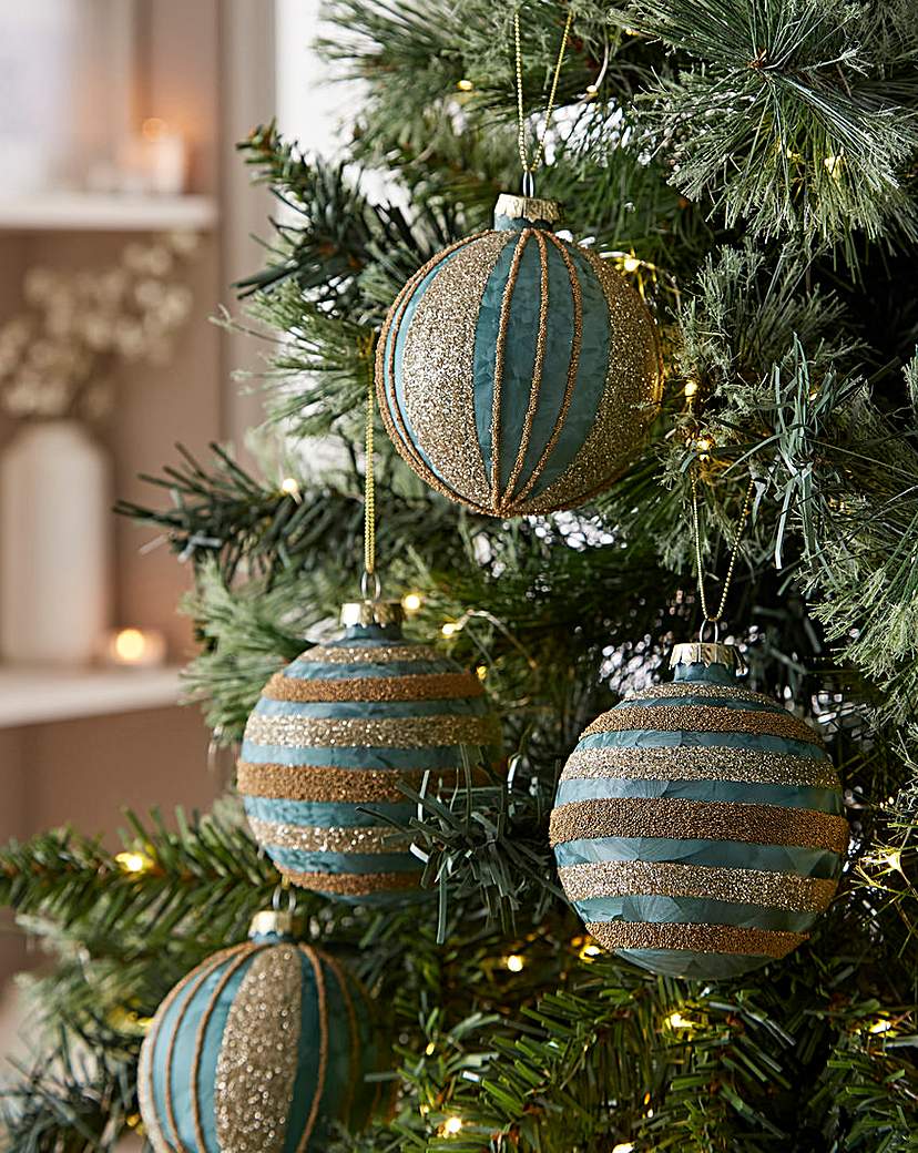 6 Beaded Stripe Baubles - Glass