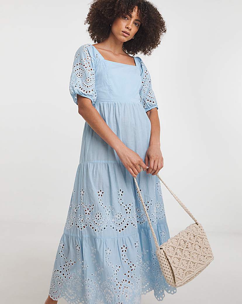 Broderie Tiered Dress With Puff Sleeves