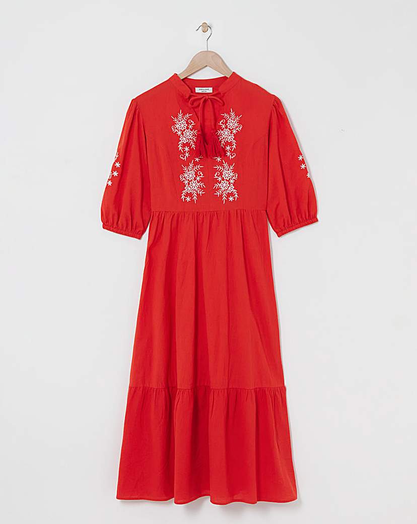 Embroidered Midi Smock Dress