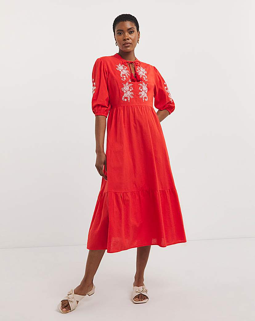 Embroidered Midi Smock Dress