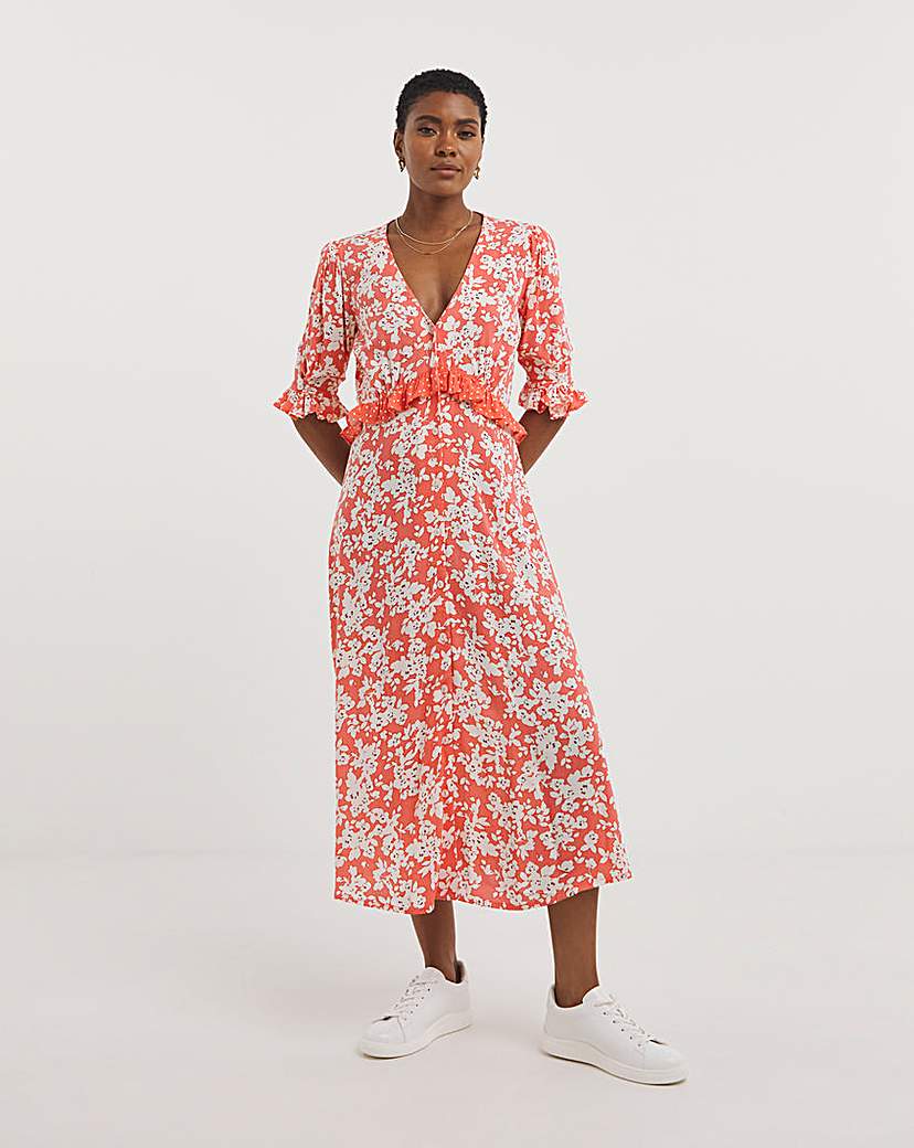 Button Through Print Mix Tea Dress