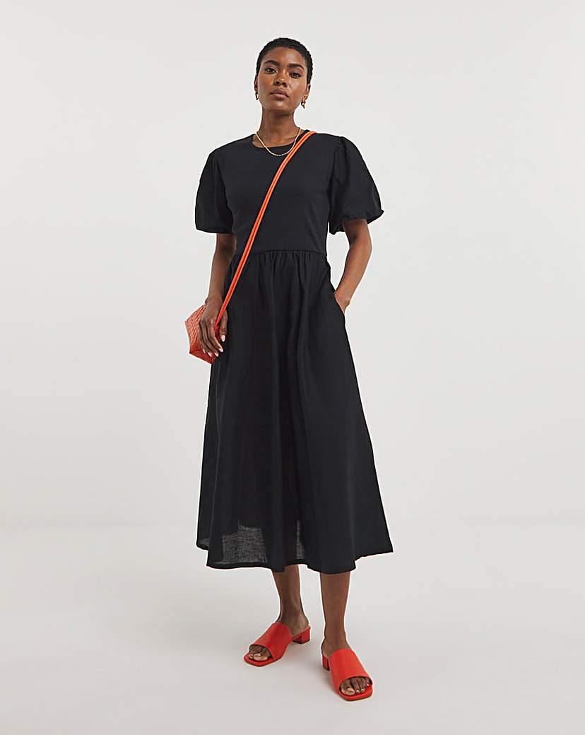 Jersey Midi Dress With Puff Sleeves