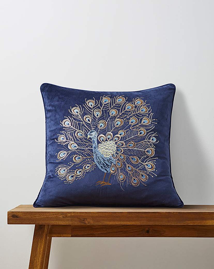 Embroidered Peacock Velvet Cushion Blue JD Williams …