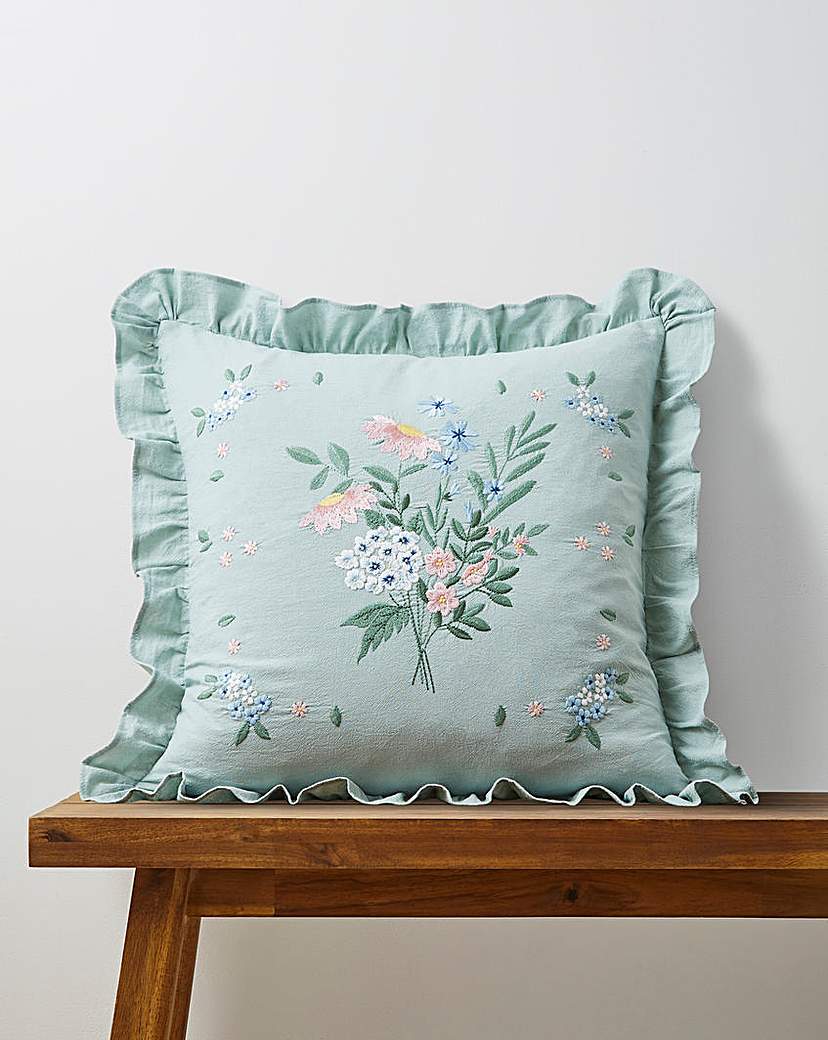 Harper Embroidered Floral Ruffle Cushion Sage Green …