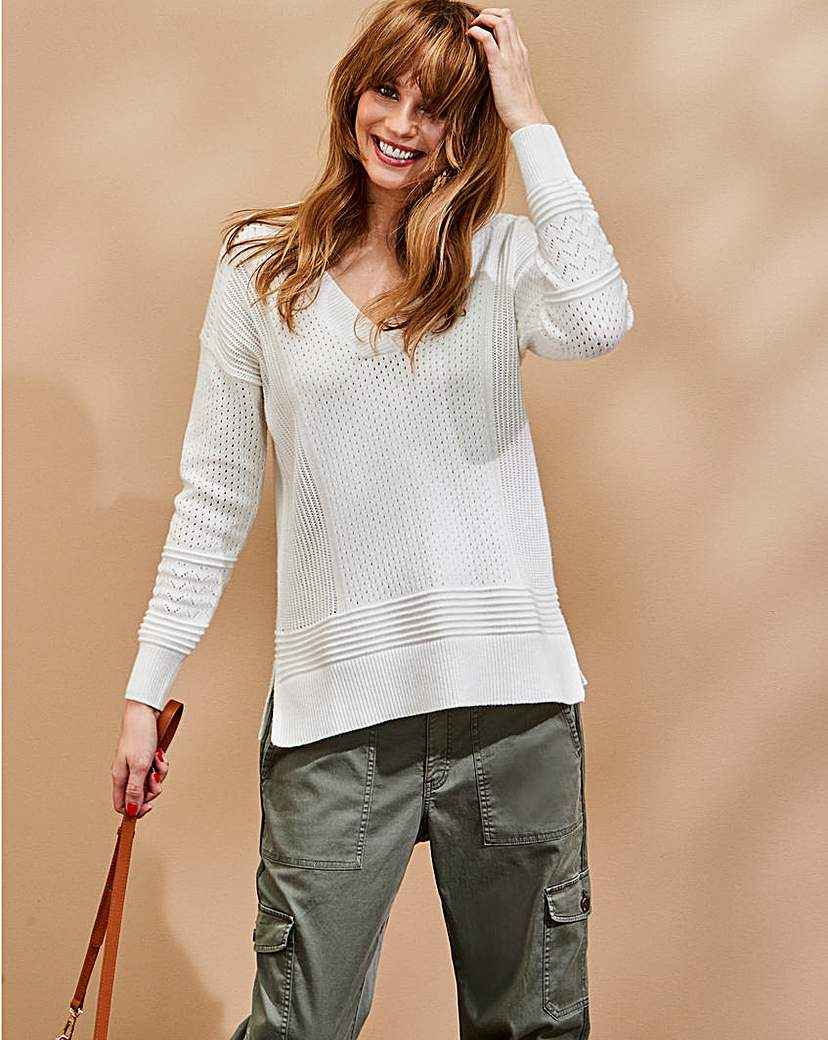 Ivory Multi Stitch Detail V Neck Jumper