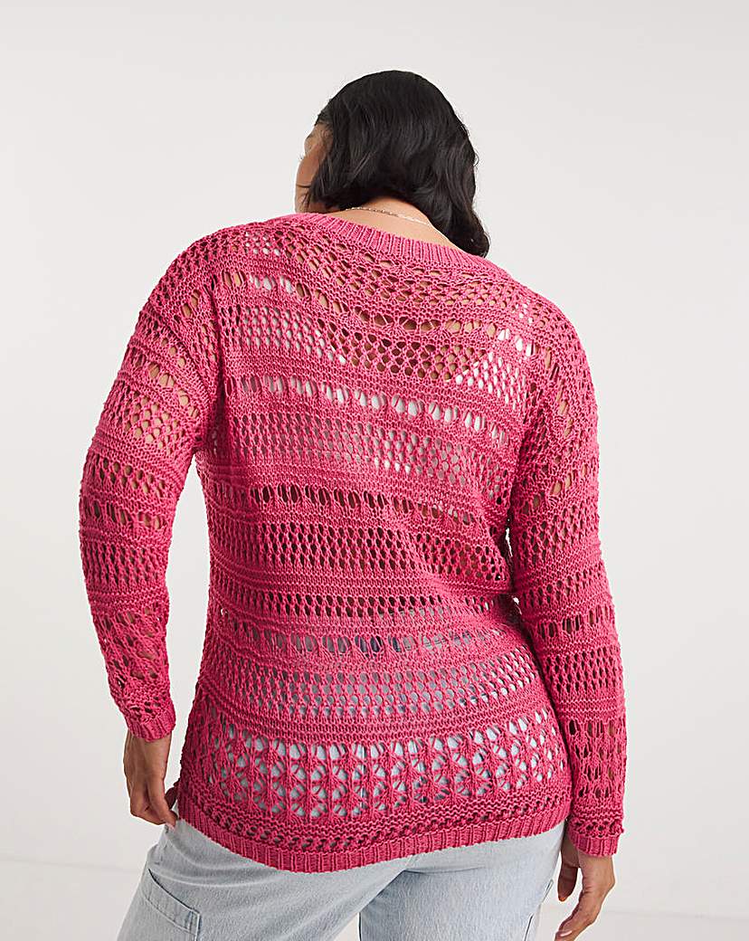 Pink Wide V Neck Crochet Jumper
