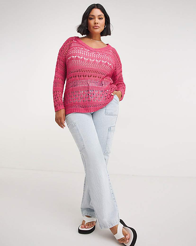 Pink Wide V Neck Crochet Jumper