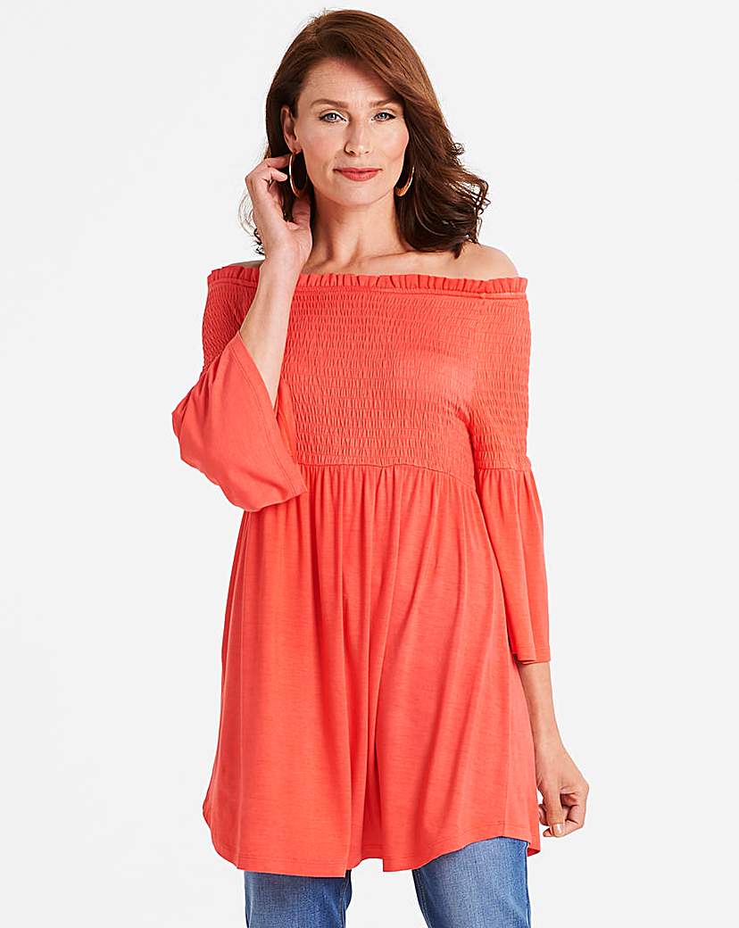 Image of Longer Length Coral Shirred Bardot Top