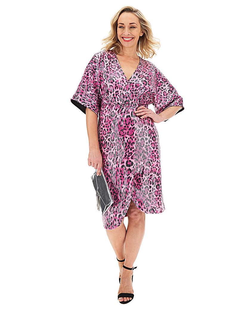 Pink Leopard Print Sequin Wrap Dress