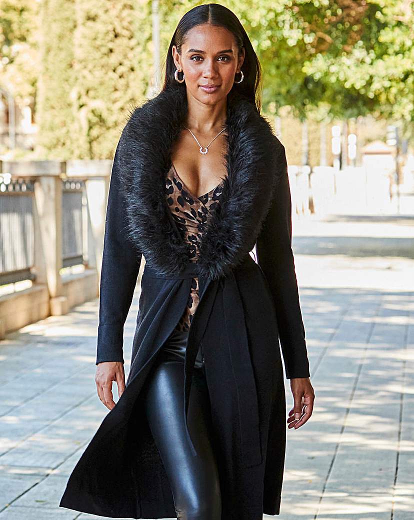 Sosandar Longline Cardigan Faux Fur Trim