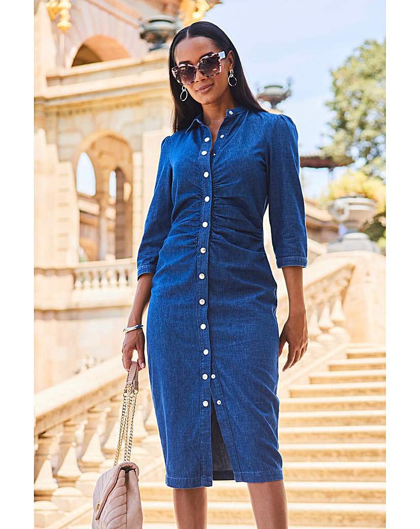 Sosandar Ruched Waist Denim Midi Dress
