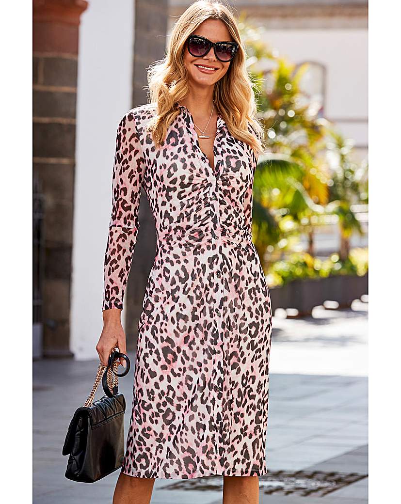 Sosandar Animal Print Mesh Shirt Dress