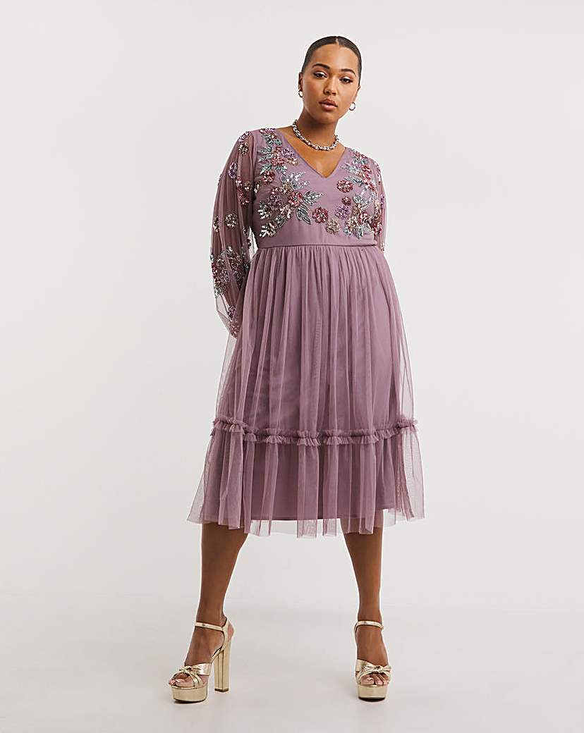 Mini Maya Floral Embellished Tiered Midi Dress with Embroidered Tulle Detail
