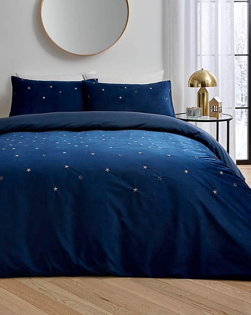 Velvet With Embroidered Stars Duvet Set Navy …