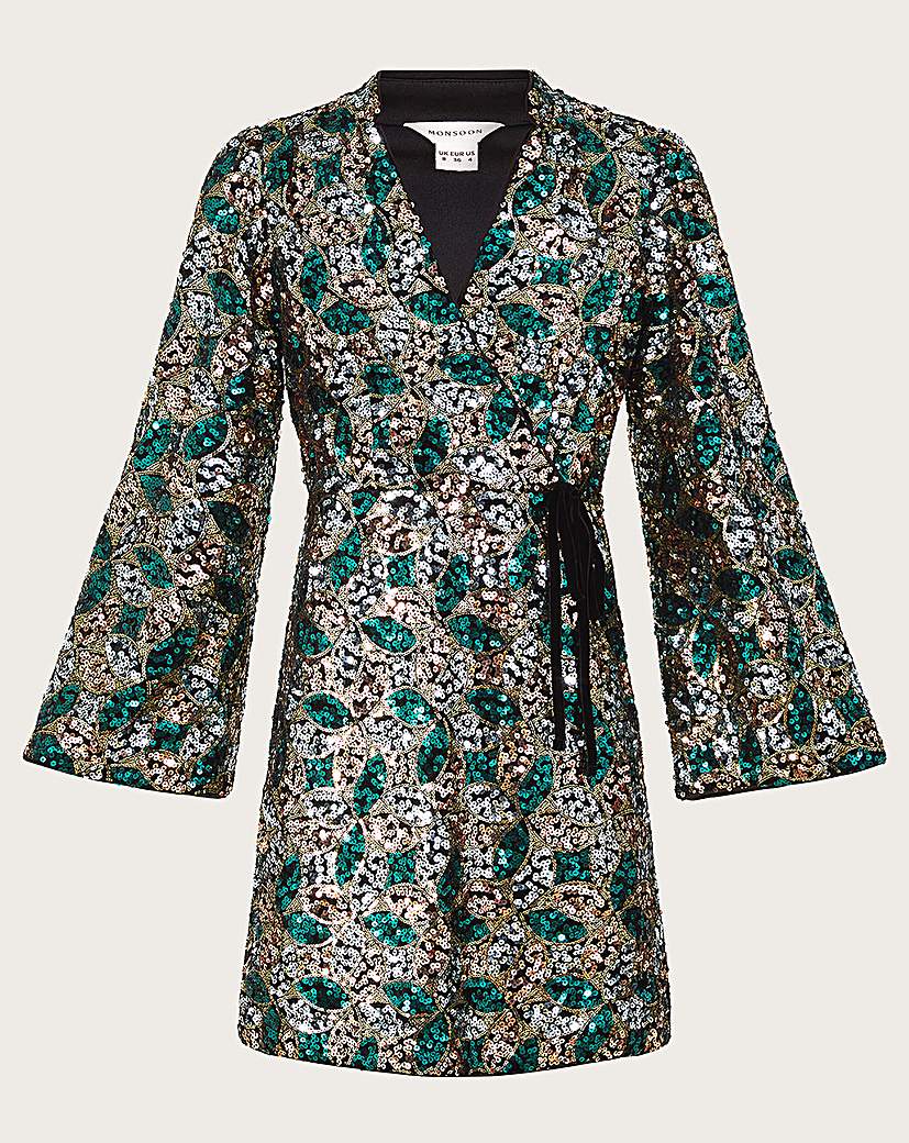 Green oriental contrast shop kimono wrap dress