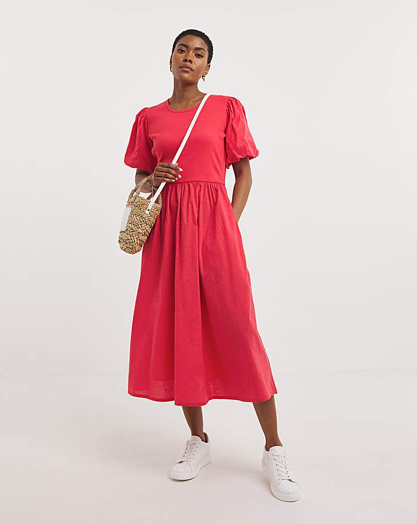 Jersey Midi Dress With Puff Sleeves