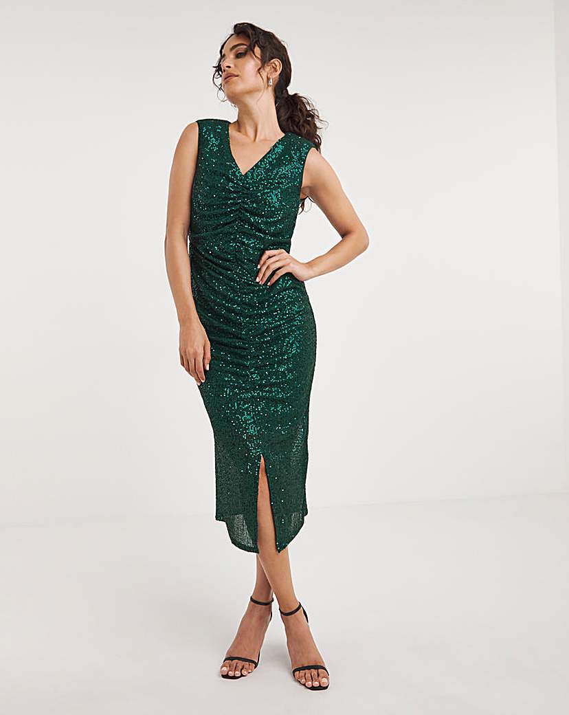 Linear Sequin Runched Sleeveless Dress