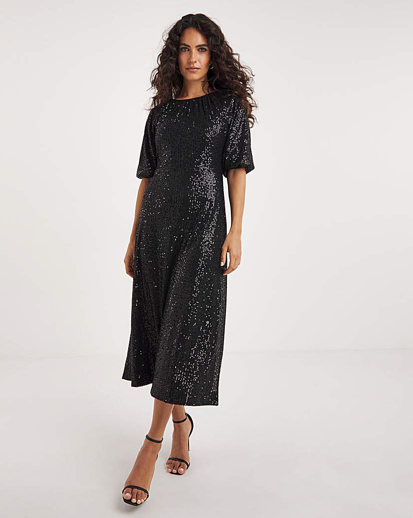 Linear Sequin Puff Sleeve Midi Dress