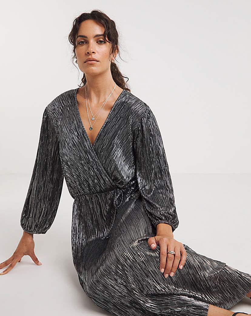 Metallic Plisse Wrap Midi Dress