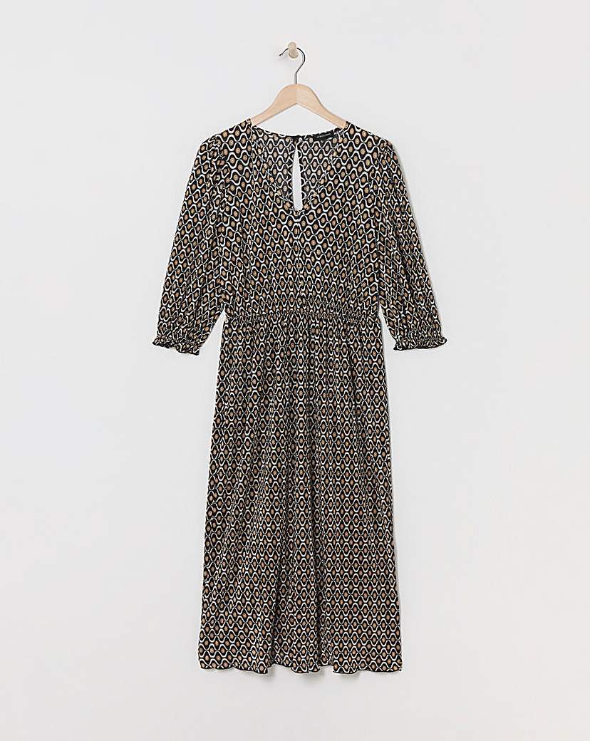Geo Plisse Plunge Midi Dress