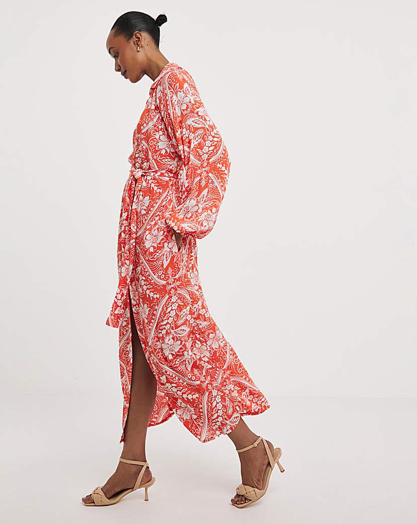 Crinkle Balloon Sleeve Midi Shirt Dress