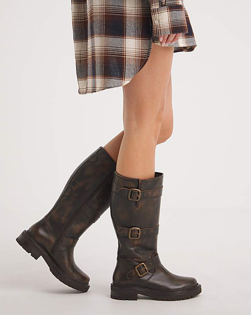 Leather Rugged Biker Boot Wide - Womens - Size 8 - Ugg Shoes - Wide Fit Boots  - Brown