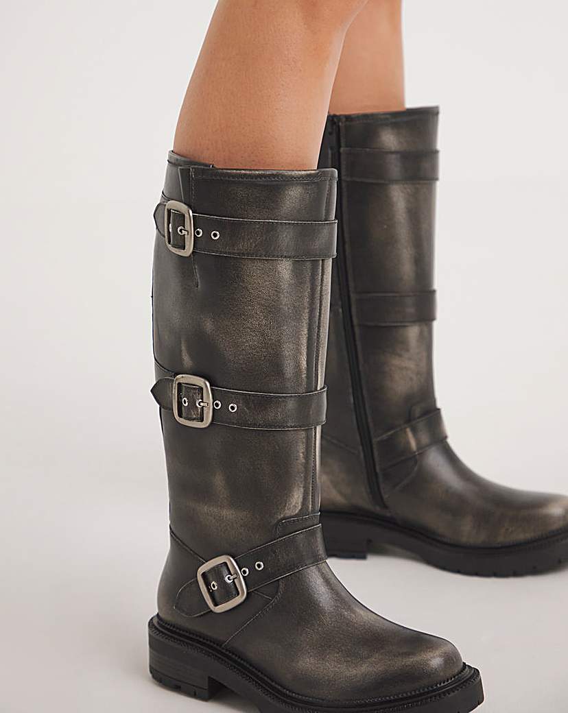 Leather Rugged Biker Boot Wide