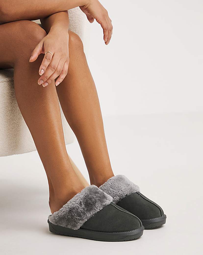 Faux Fur Lined Suede Mule Slipper Wide