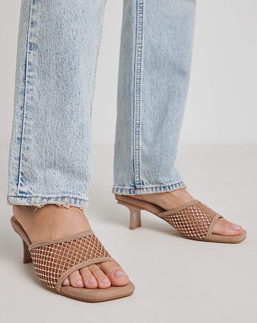 Diamante Mesh Kitten Heel Mule Ex Wide