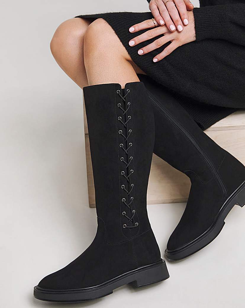 Side Lace Flat Knee High Boots Wide SC