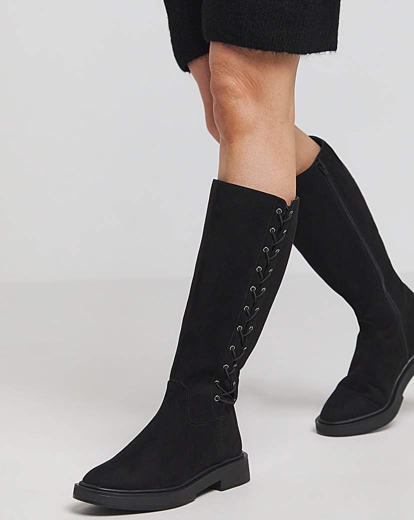 Side Lace Flat Knee High Boots Wide SC