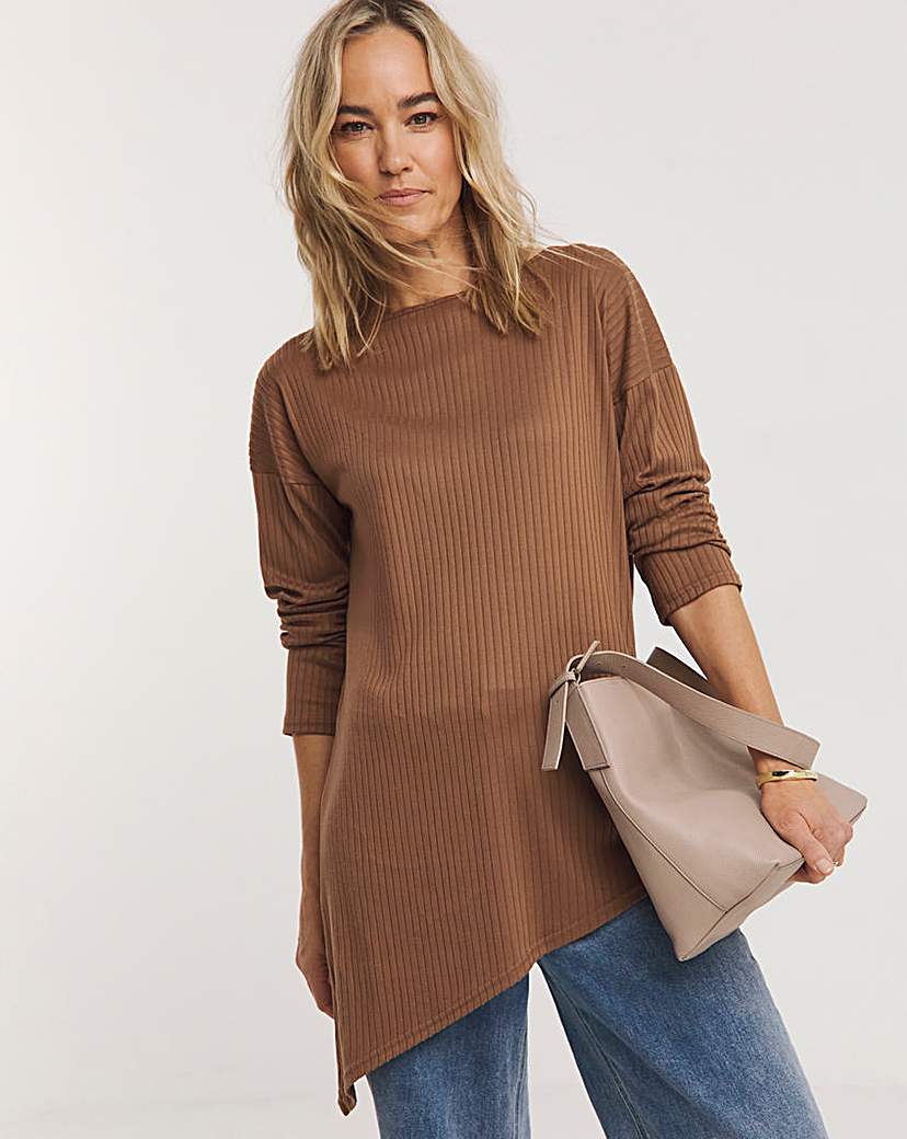 Beige Long Sleeve Ribbed Asymmetric Top